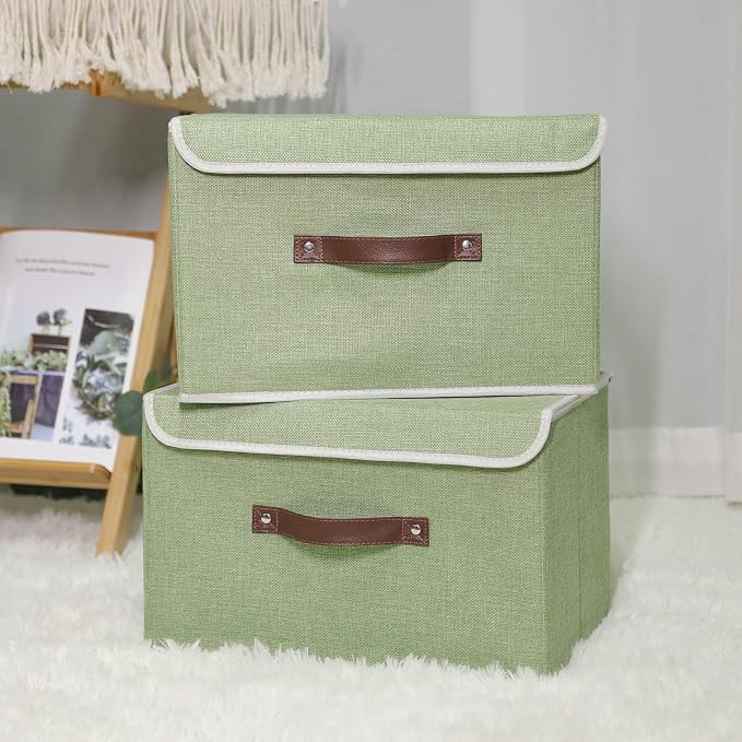 ANMINY 4PCS Storage Bin with Lid Storage Boxes with PU Leather Handles PP Plastic Board Decorative Foldable Lidded Cotton Linen Fabric Home Cubes Baskets Closet Organizer Container - Green, Medium - Image 2