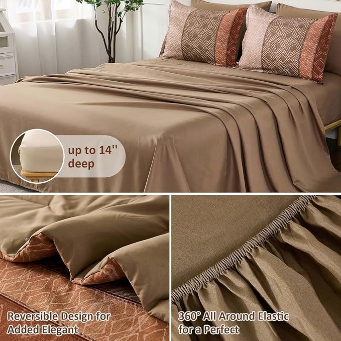 Dinjoy Boho Queen Comforter Set Red Brown,7 Piece Bed in a Bag Queen Size Warm Striped Bedding Sets with Plaid Fall Comforters Bed Set with Sheets for Family All Season
