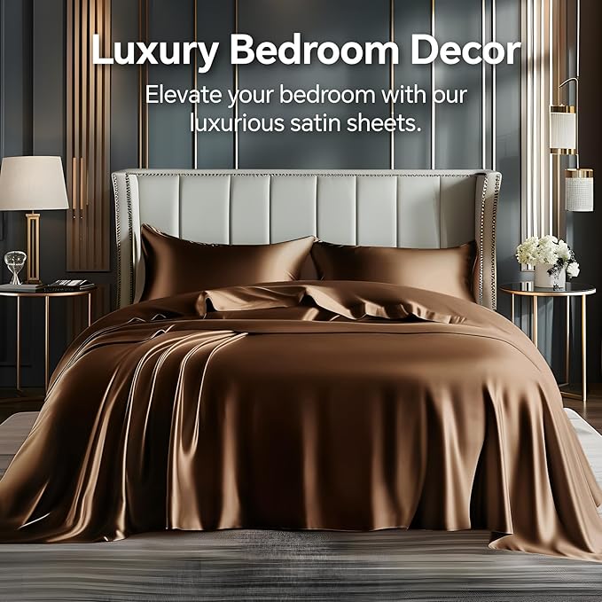 BEDELITE King Size Sheets Set, Luxury Soft Brown Satin Sheets for Hair and Skin, Similar to Silk Bed Sheets Set 4 Pieces with 1 Deep Pocket Fitted Sheet, 1 Flat Sheet, and 2 Pillowcases