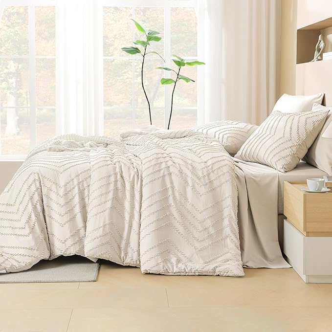 Litanika Twin XL Comforter Set Beige - Boho Tufted Shabby Chic Bed in a Bag for College Dorm, 5 Pieces Cream Fluffy Soft Farmhouse Bed Set for All Seasons
