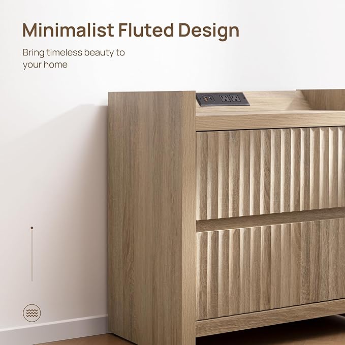 SICOTAS Night Stand Fluted Nightstands with Charging Station- Modern 2 Drawers Nightstand 25" Tall Bedside Table End Table, Large Night Stands for Bedroom, Sofa Side (Light Oak, 1 Piece)