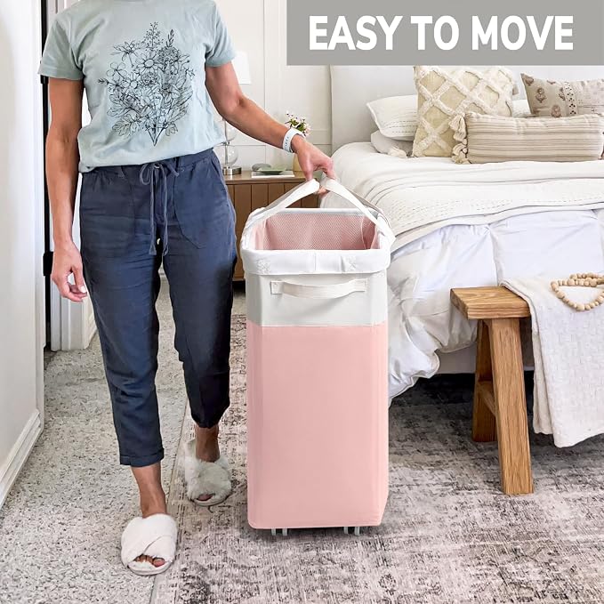 Goodpick Laundry Basket with Wheels, 75L Tall Clothes Hamper, Large Laundry Basket with Removable Wash Bag for Corner Dorm, Rolling Hamper, Pink&White - Image 6