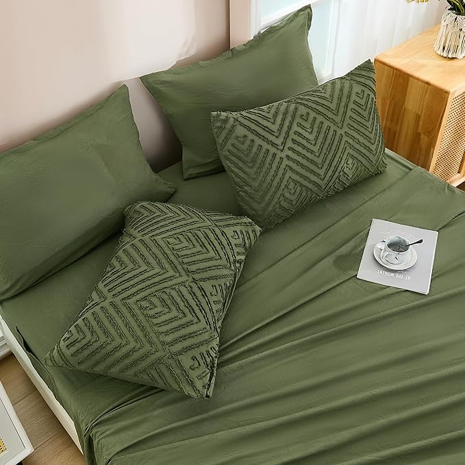Andency Super King Plus Comforter Set Olive Green - 7 Piece Bed in a Bag Oversized King, Olive Green Boho Tufted Bedding Sets, Lightweight Fluffy Bed Set with Comforter, Sheets, Pillowcases & Shams