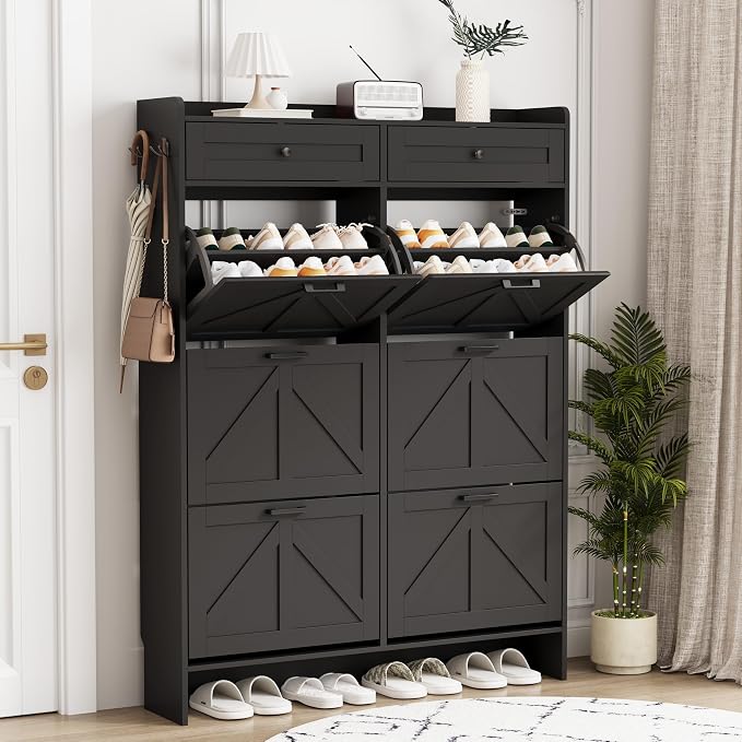 Shoe Cabinet with 6 Flip Drawers & 2 Top Drawers, 57" Tall Freestanding Narrow Wooden Shoe Storage Organizer for Entryway, Hidden Slim Shoe Rack for Front Door Entrance, Hallway, Living Room, Black by Xixini