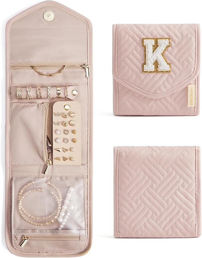 BAGSMART Travel Jewelry Organizer Case K Initial Foldable Jewelry Roll for Journey Rings, Necklaces, Earrings, Bracelets,Mini,Letter K,Soft Pink by BAGSMART