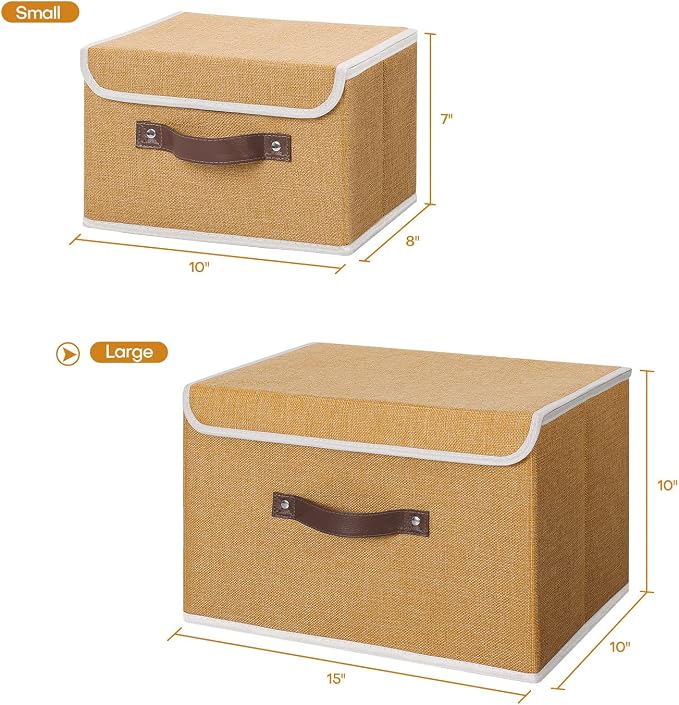 ANMINY Storage Bin with Lid Storage Boxes with PU Leather Handles PP Plastic Board Decorative Foldable Lidded Cotton Linen Fabric Home Cubes Baskets Closet Organizer Container - Khaki, Large Size - Image 5