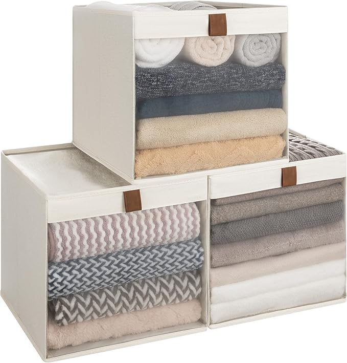 StorageWorks 13x13 Storage Cubes, Closet Storage Bins with Clear Window, Large Fabric Organizer for Clothes, Collapsible Storage Baskets with PU Handles, Beige, 3-Pack by StorageWorks
