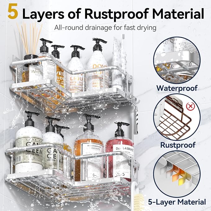YASONIC Shower Caddy Corner, 2-Pack Adhesive Rustproof Stainless Steel Shower Shelves with Soap Holder, No Drilling Shower Organizer Corner for Dorm, Renters Bathroom Silver - Image 4
