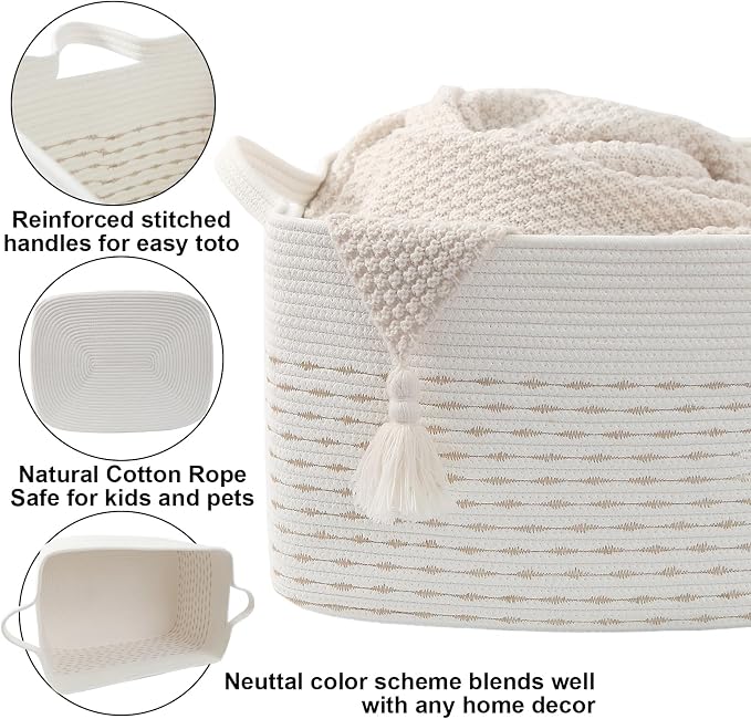 96L Large Blanket Basket,24"x16"x15"Rectangle Storage Bin with Handles,Woven Rope Laundry Basket for Toys, Clothes,Magazines,Home Organization,Nursery,Living Room & Bedroom,White&Yellow - Image 3