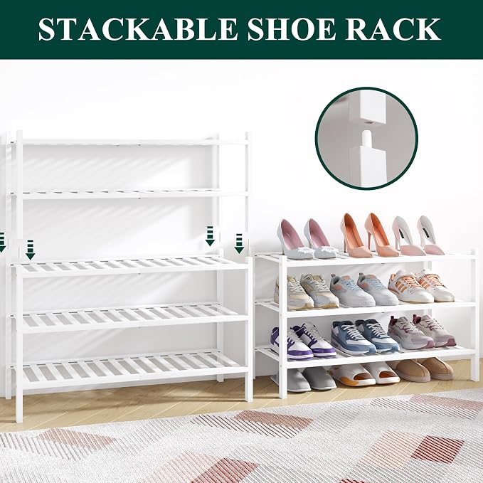 Smiry Bamboo Shoe Rack for Closet, 6 Tier Wooden Stackable Shoe Organizer, Free Standing Shoes Storage Shelf for Entryway, Front Door Entrance, White - Image 4