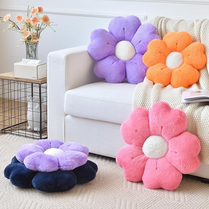Flower Pillow, Flower Shaped Pillow Decorative Throw Pillows for Bed Couch, Cute Daisy Pillow Dorm Decor Floor Seating Cushion (Dark Purple, 15 Inches)