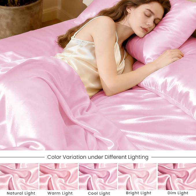 Love's cabin Satin Queen Sheets Set - 6 Piece Pink Silky Bed Sheets Set with Deep Pocket, Luxury Silk Feel Satin Queen Size Sheet Set (1 Flat Sheet, 1 Fitted Sheet, 4 Pillow Cases)