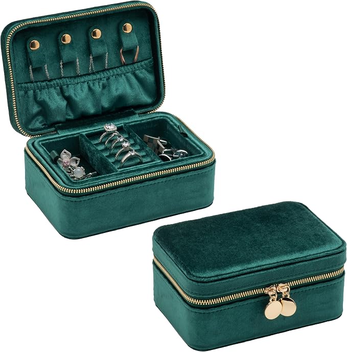 Velvet Travel Jewelry Organizer Box with Zipper Around Portable Accessory Display Tray Holder Storage Case for Multiple Earrings Rings Necklaces Bracelets (Green) - Image 2