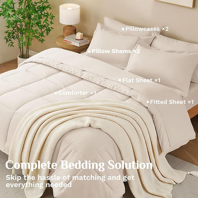 JOLLYVOGUE Queen Comforter Set, Ultra-Soft Bed in a Bag Queen Size 7 Pieces, Oeko-TEX Certified Bedding Set with Down Alternative Comforter, Sheets, Pillowcases & Shams, Beige