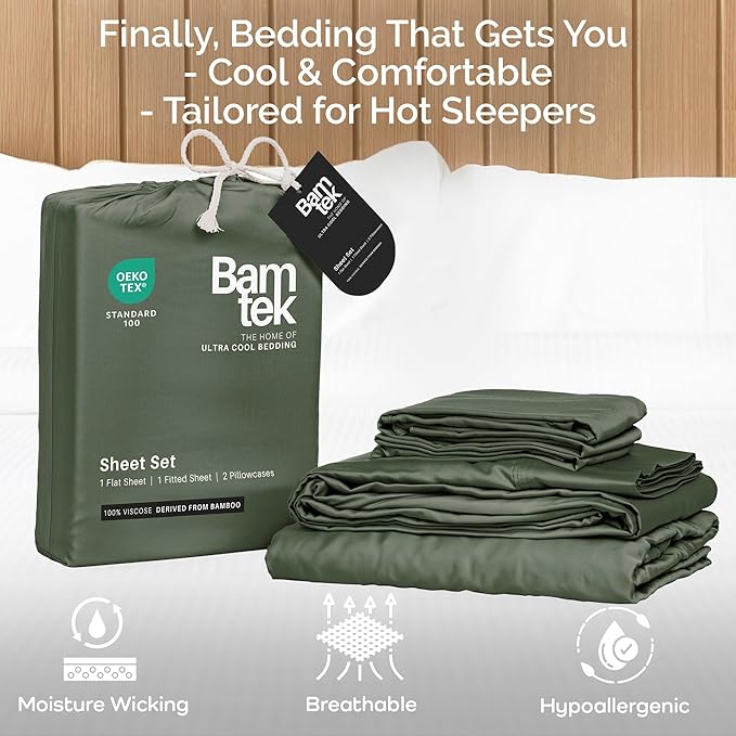 Viscose Bamboo Twin XL Sheets 3PC Set - Extra Long - Cooling Bedding for Hot Sleepers with Moisture Wicking Technology - Silky Soft 16 Inch Deep Pocket, Moss - 38" x 80"