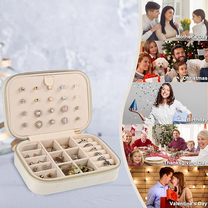 Dajasan Velvet Travel Jewelry Boxes, Small Travel Jewelry Case, Portable Travel Jewelry Organizer Box for Birthday Mother's Day Valentine's Day (Beige) - Image 6