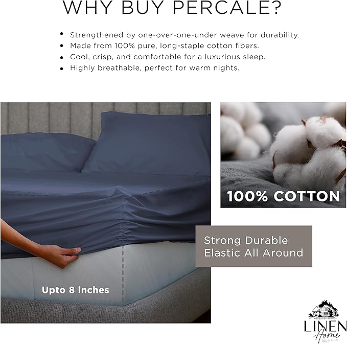 Linen Home 100% Cotton Percale Sheet Set, Full Size, Dark Blue, Deep Pocket, 6 Pieces Set - 1 Flat, 1 Deep Pocket Fitted Sheet and 4 Pillowcases, Crisp Cool and Strong Bed Linen