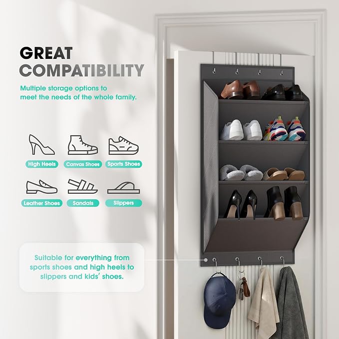 WVM Over The Door Shoe Organizer with Large Deep Pockets, Hanging Closet Shoe Rack for Large Shoes, Boots, Multifunctional Entryway Door Hanger with Hooks - Image 2