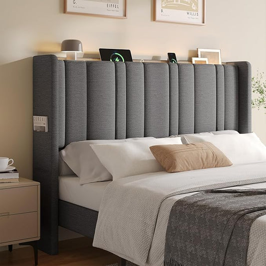 ONBRILL Queen Size Headboard with Storage, LED Light, Linen Vertical Wingback Headboard with Charging Station, Upholstered Head Board Queen w/High-Density Sponge Padding, 2 Storage Pockets, Grey