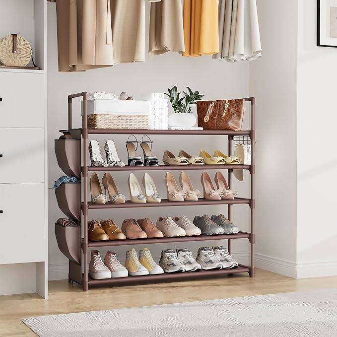 VILICK Shoe Rack for Closet Shoe Organizer Space Saver Storage for 20-25 Pair Shoe Shelf with Hook and Side Pocket Free Standing 5 Tier Shoe Rack Organizer for Entryway,Small Spaces, Brown - Image 7