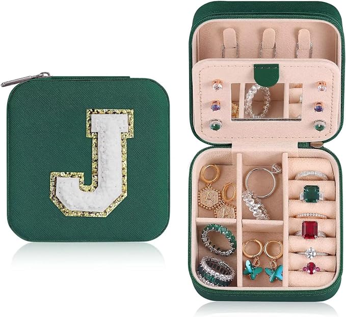 ETHOON Jewelry Travel Case Small Organizer Stocking Box Personalized Gifts Teenage Jewelry Accessories Holiday Christmas Gift for Women Green, Letter J by ETHOON