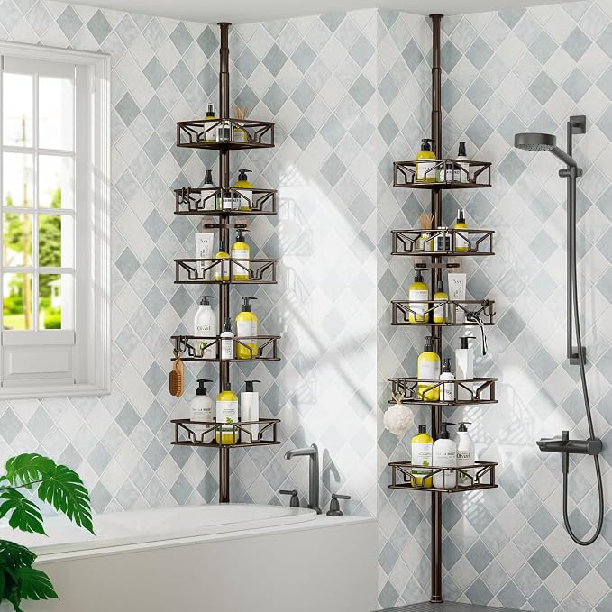 Skycarper 5 Tier Adjustable Corner Shower Caddy Organizer with Hooks,Rustproof Tension Pole 62-116 Inch,Bronze - Image 3