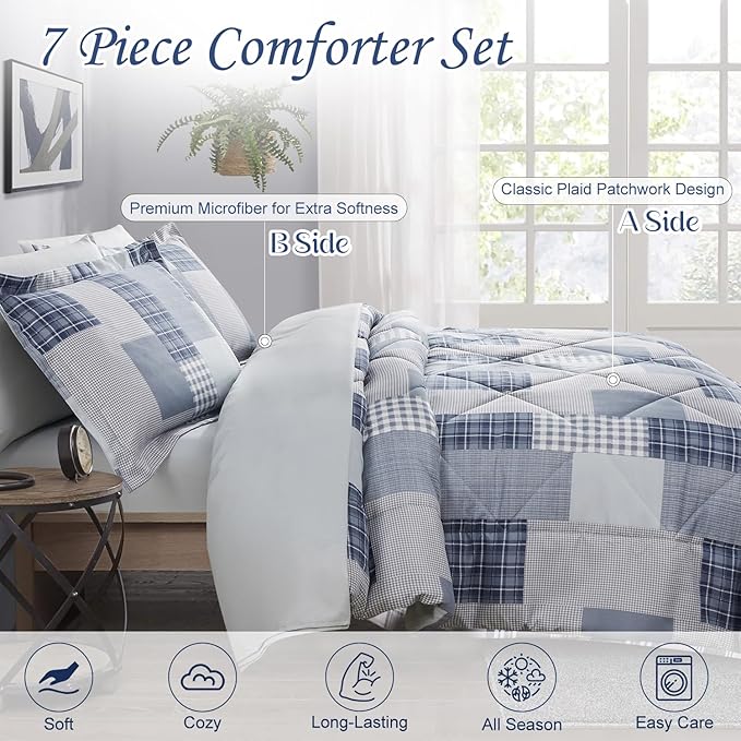 Comforter Set Queen Size Plaid Patchwork Comforter Bedding-7 Piece Bed in a Bag,Soft Fluffy Reversible Microfiber Bedding Set(1 Comforter,1 Flat Sheet,1 Fitted Sheet,2 Pillowcases,2 Pillow Shams),Blue