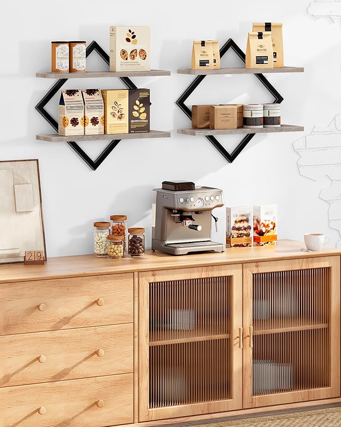 CHOEZON Floating Shelves for Wall, Set of 2 Wall Mounted Shelves, 2-Tier Hanging Shelves, for Living Room, Bedroom, Kitchen, Office, Study, Greige TBJ01P2BG - Image 4