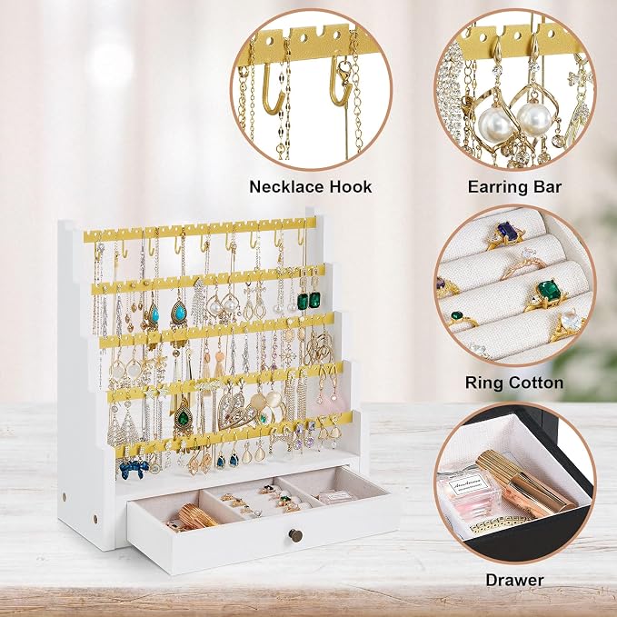 Pinzoveco Earring Organizer, 5 Layer Earring Holder Organizer with Metal Necklace Holder Pole, Rustic Wood Jewelry Organizer Stand Display for Stud Earring Bracelet Necklace Ring, 175 Earring Holes - Image 6