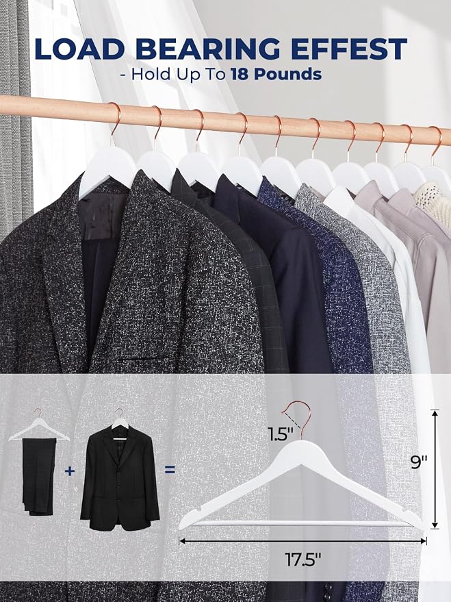 Smartor White Wooden Hangers 20 Pack, Solid Wood Coat Hanger for Closet, Heavy Duty Wood Hangers for Suits, Shirts, Dresses, with 360° Rose Gold Hook, Non Slip Pant Bar - Image 4