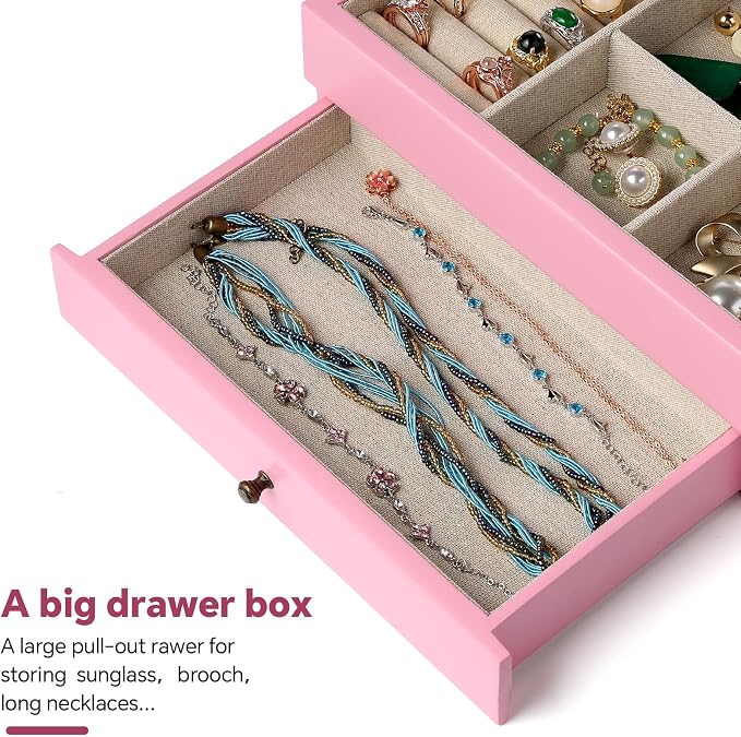 Meangood Jewelry Box Organizer for Women, 2 Layer Large Jewelry Storage Case, Rustic Wooden Jewelry Box with Mirror & Ring Tray for Necklace Earring Bracelets Rings, Vintage Style (Pink) - Image 6