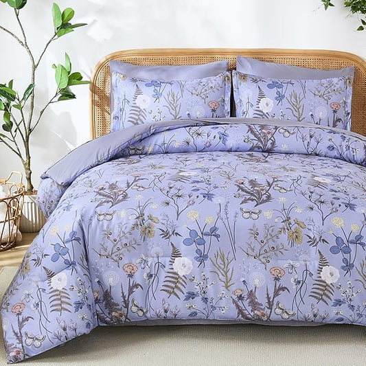 Yiran King Size Comforter Set 7 Piece, Purple Floral Bedding Set, Lightweight Bed in a Bag King with Botanical Flowers Spring, Soft Warm Lavender Comforters with Sheets Complete for All Season