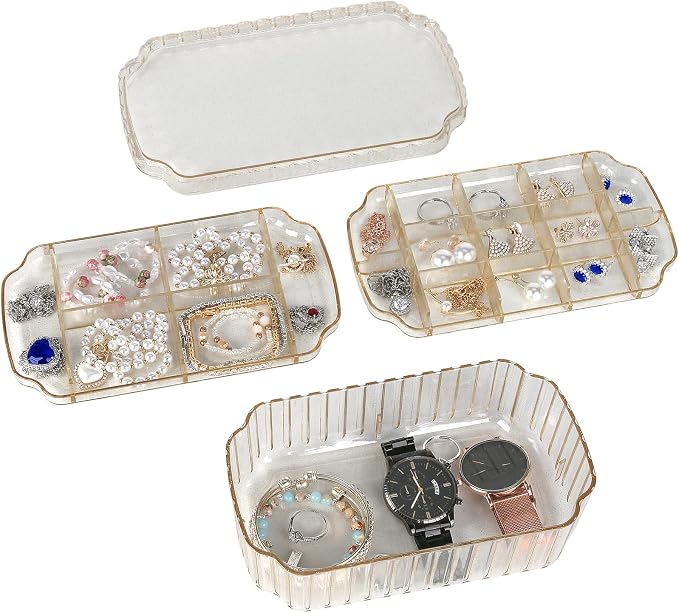LETURE 3-Layer Jewelry Organizer Box for Earrings, Rings, Necklaces, Bracelets, Clear Plastic Bead Storage Containers for Crafts (Gold) by LETURE