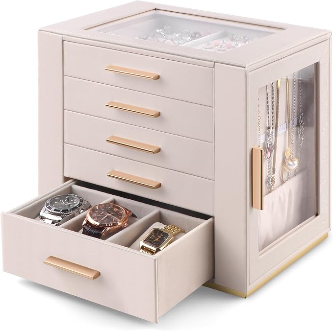 Homeanda Jewelry Box for Women with Glass Lid, 5 Drawers Jewelry Organizer and Storage for Necklaces, Rings, Earrings, Bracelets, Gift for Girls and Teens,PU Leather (Beige) by Homeanda