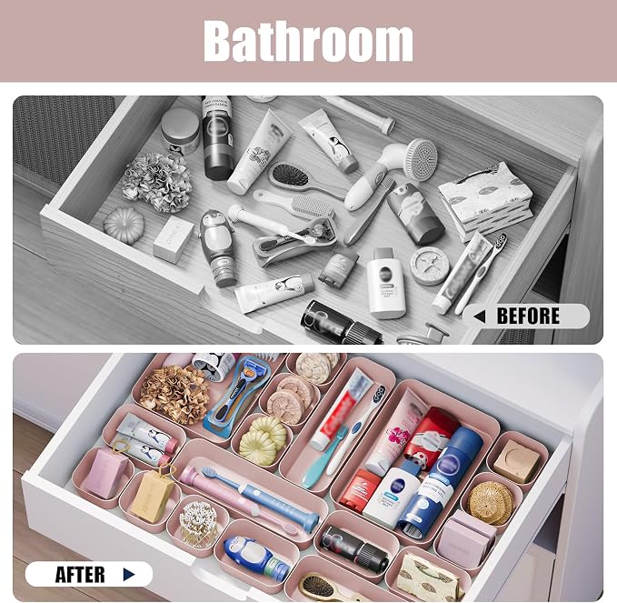 Plastic Drawer Organizers, 18 PCS Bathroom Drawer Organizer Bins, Desk and Vanity Organizer Plastic Tray, Makeup organizer and storage for Bedroom, Kitchen Gadgets Utensils and Office (Pink) - Image 7
