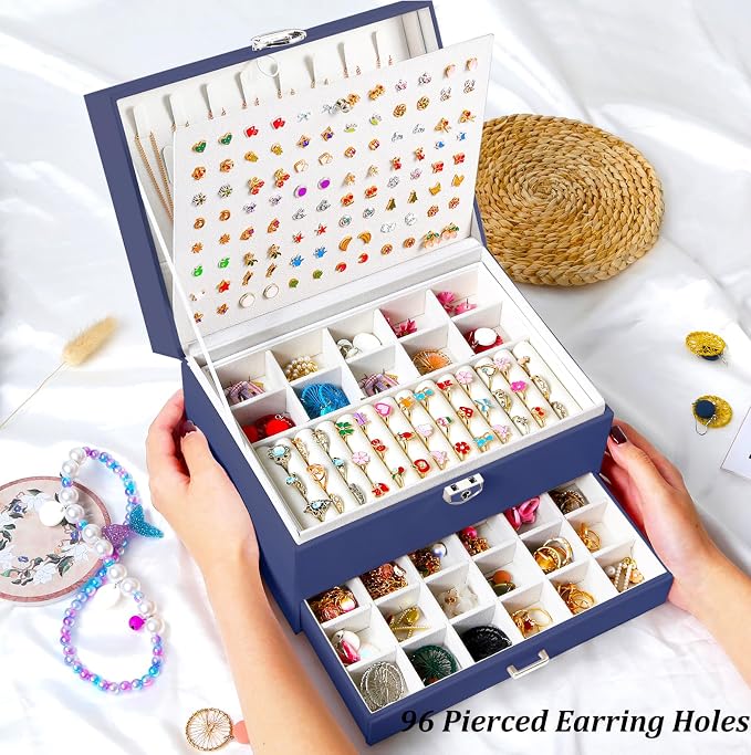 QBestry Earring Jewelry Box for Women Girls Stud Organizers, 5 Layers Navy Jewelry Organizer Box with Lock Necklaces and Earrings Holder Jewelry Box with Earring Organizer for Women Girls Xmas Gifts - Image 6