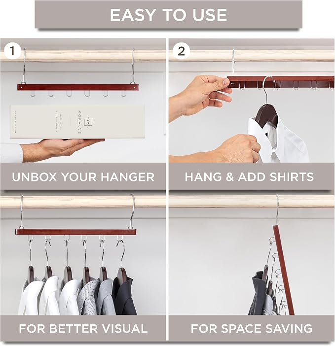 MORALVE Space Saving Hangers for Closet – 4 Pack European Beechwood 6-Tier Shirt Organizer with 360° Swivel Hook – Collapsible Clothes Hanger for Closet Organization (Hangers Not Included) - Image 7