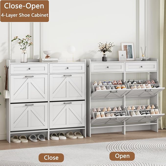 Shoe Cabinet with 4 Flip Drawers & 2 Top Drawers, 43" Tall Freestanding Shoe Storage Organizer for Entryway, Wooden Narrow Hidden Slim Shoe Rack for Front Door Entrance, Hallway, Living Room, White - Image 4