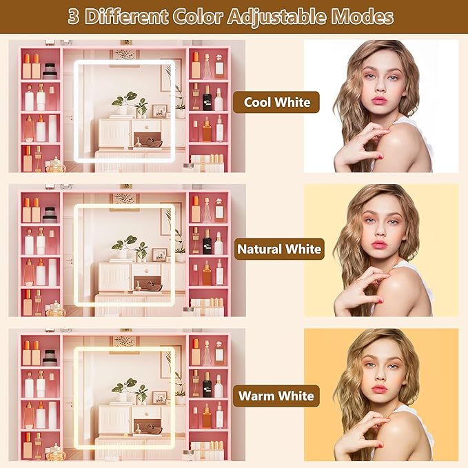 Pink Vanity Desk with Mirror and Lights, Glass Top Vanity with Lighted Mirror & RGB Cabinet and 3 Drawers, Dressing Table with 8 Shelves, Makeup Desk with Lights for Girls Bedroom, 3 Color Modes