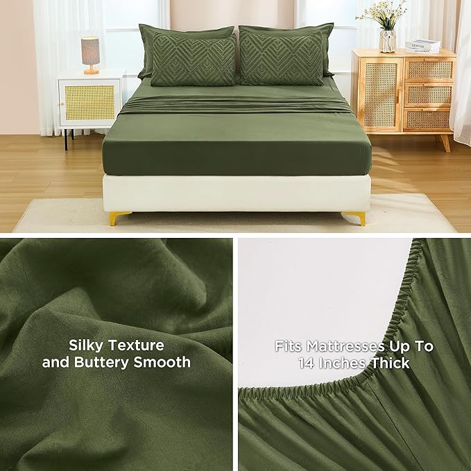 Andency King Size Comforter Set Olive Green - 7 Pieces Bed in a Bag King Boho Olive Green Bedding Comforter Sets, Tufted Bed Set with Comforter, Sheets, Pillowcases & Shams