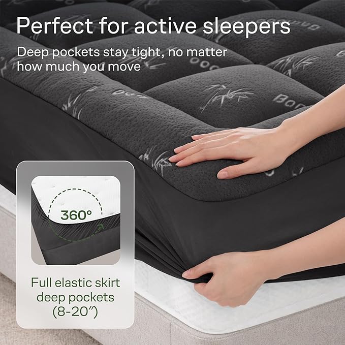 Ultra Soft Queen Size Mattress Topper - Viscose Made from Bamboo Pillow Top Mattress Pad for Back Pain Relief - Naturally Cooling for Hot Sleepers, Dark Gray