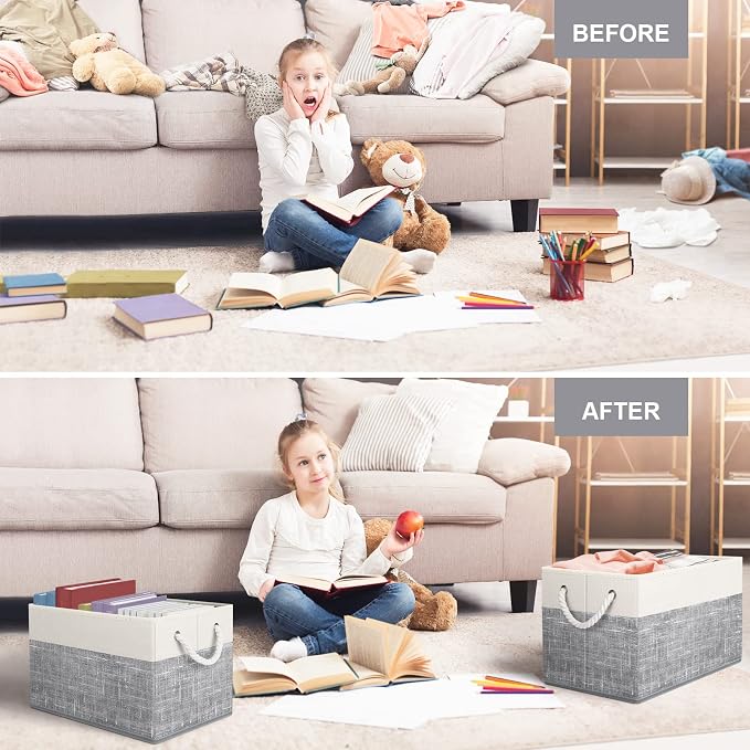 Fab totes Storage Bins [8-Pack], Foldable Storage Baskets for Organizing Toys, Books, Shelves, Closet, Large Storage Box with Rope Handles, Sturdy Organizer Bins, White & Grey - Image 6