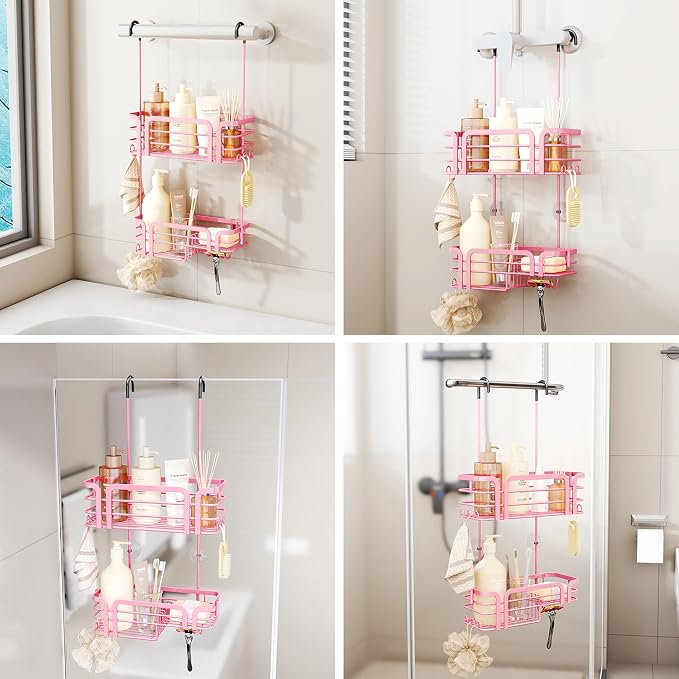 SWTYMIKI Shower Caddy Hanging Organizer - Over the Door Shower Caddy with Soap Holder, 11 Hooks, 2 Installation Ways, Stainless Steel Rustproof Bathroom Organizer, Pink - Image 2