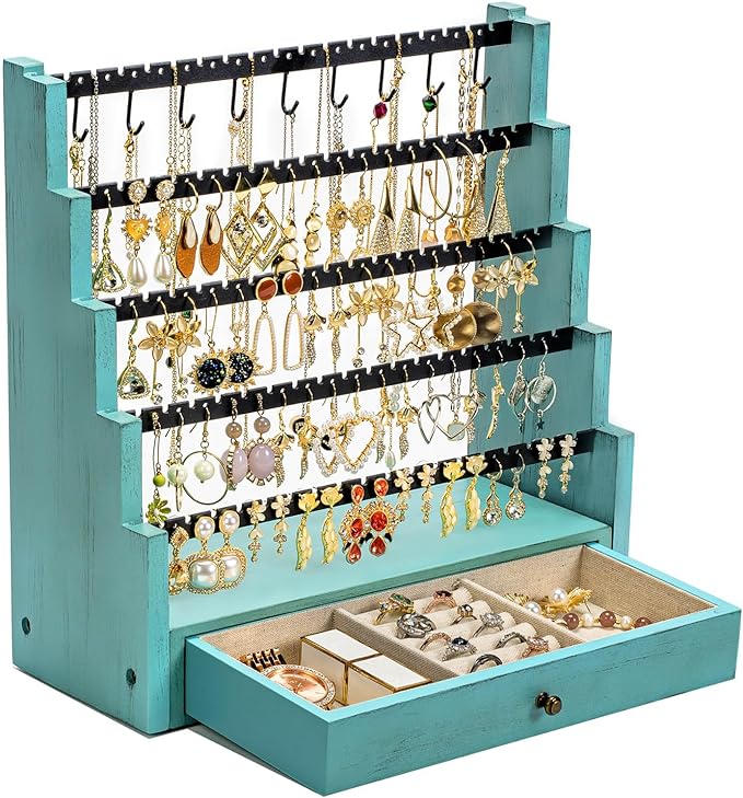 Pinzoveco Earring Organizer, 5 Layer Earring Holder Organizer with Necklace Holder Pole, Rustic Wood Jewelry Organizer Stand Display for Stud Earring Bracelet Necklace Ring, 175 Earring Holes by Pinzoveco