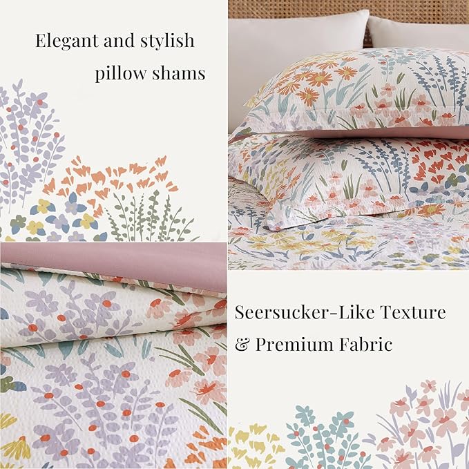CASAAGUSTO Full Comforter Set, 7 PCS Pinkish Floral Comforter Set with Flowers Leaves Pattern, Soft Seersucker Design All Season Full Size Bedding Set(80"X90")