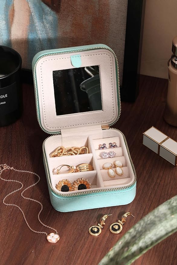 S.Leaf Travel Jewelry Organizer Boxes for Women Small Portable Necklace Earrings Bracelet Rings Travel Case Best Friend Birthday Gifts for Women Trendy (07_Suede_Touch_Mint_Green) - Image 3