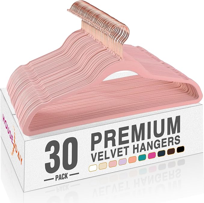 HOUSE DAY Velvet Hangers 30 Pack, Premium Non-Slip Felt Hangers, Sturdy Pink Clothes Hanger Heavy Duty, Space Saving Durable Suit Coat Hanger, 360° Rotating Rose Gold Hook by HOUSEDAY