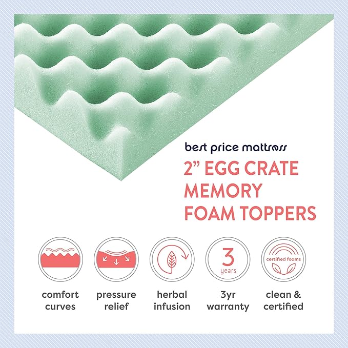 Best Price Mattress 2 Inch Egg Crate Memory Foam Mattress Topper with Calming Aloe Infusion, CertiPUR-US Certified, Full, Green