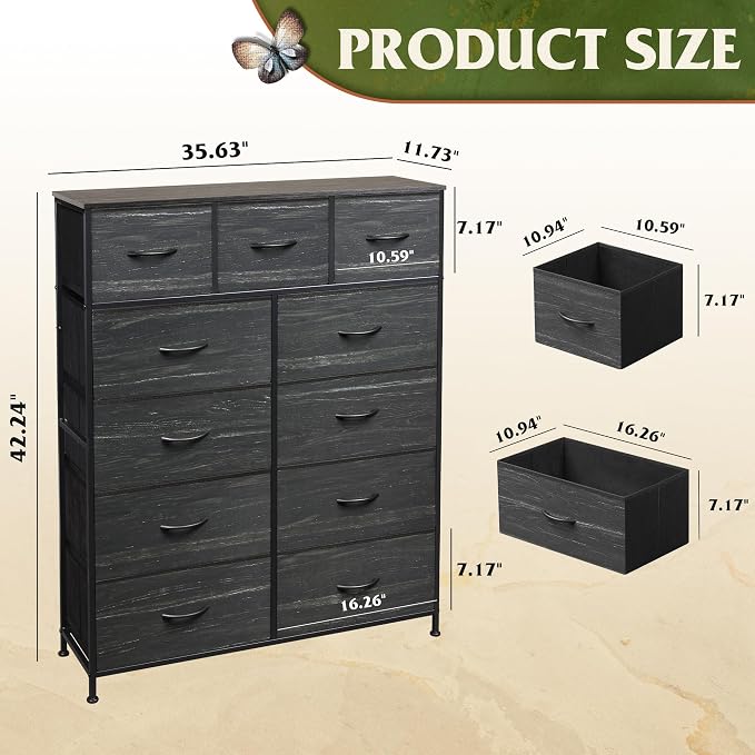 WLIVE Tall Dresser for Bedroom, Fabric Dressers Storage Tower, Dresser & Chest of Drawers with 11 Drawers, Storage Cabinet, Hallway, Closets, Steel Frame, Wood Top, Charcoal Black Wood Grain Print - Image 3