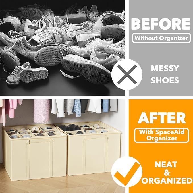 SpaceAid Shoe Organizer for Closet, 2 Pack Foldable Shoe Storage Containers Baskets Boxes Bins w/Adjustable Dividers, Fits 16-32 Pairs, Beige - Image 2